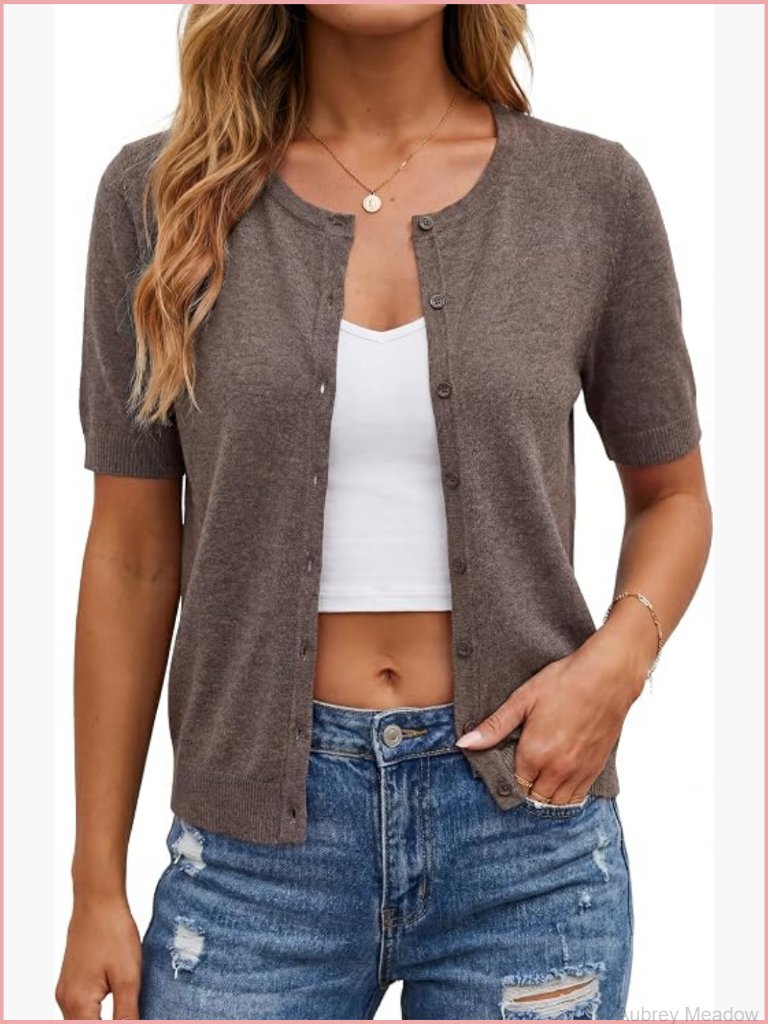 Wool Blend Cropped Short Sleeve Cardigan Lightweight Summer
